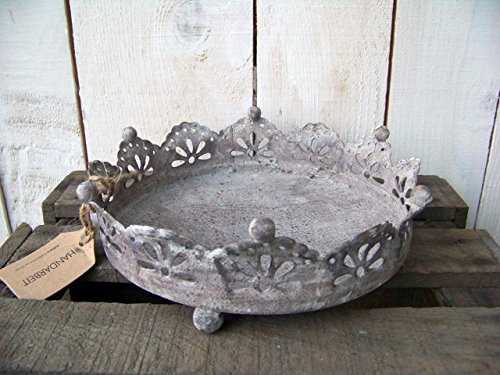 Nostalgie Tablett aus Metall mit Kronen Rand grau antik Optik 16 cm
