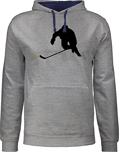 Pullover Herren Frauen Hoodie Kontrast zweifarbig - Eishockey Sprint - L - Grau meliert/Navy Blau - Hockey Ice Hoddies Icehockey Geschenk kapputzenpolover Eishockey-Fanartikel hoddis Spieler Pulli