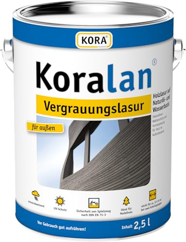 KORA® Koralan® Vergrauungslasur für Holz außen, wetterbeständig & UV-Schutz, natürlich graue Holzopzik, ideal für Nadelholz, z. B. Holzfassaden, Gartenholz, Zäune, Terrasse (Zink, 10 Liter)