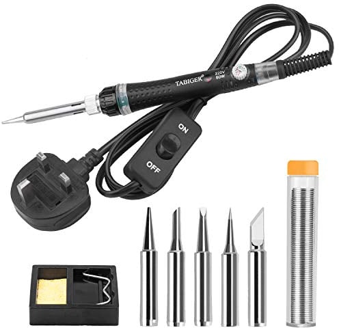 Tabiger 60W Soldering Iron Kit, Adjustable Temperature 220-450°C, 9 in 1, Gun Style, Corded Electric, Silicone Handle, Includes 5 Tips, Solder Wire, Stand & Sponge, 55in Cable, Red LED Indicator