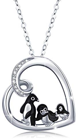 CHENGHONG Pinguin Kette Damen 925 Sterling Silber Herz Pinguin Anhänger Halskette Familie Schmuck Geschenke für Mama Mutter