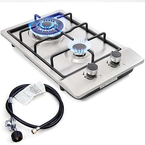 12 Gas Cooktops 2 Burners Propane/Natural Gas Stove 12 Stainless Steel Gas Stove Dual Fuel Easy Clean (12 W x 20L)