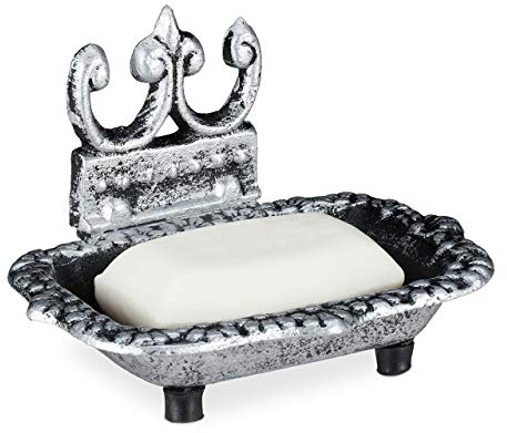 Relaxdays Seifenschale, antikes Design, eckiger Seifenhalter aus Gusseisen, nostalgisch, Seifenablage mit Ablauf, silber, 1 Stück
