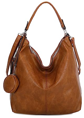 OBC Damen Tasche Shopper Hobo-Bag Schultertasche Umhängetasche Handtasche Damentasche Reisetasche Beuteltasche Leder Optik (Cognac 47x33x17 cm)