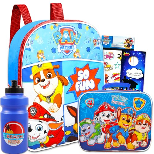 Paw Patrol Mini mochila con lonchera para niños, paquete de 5 piezas de suministros escolares con bolsa escolar Paw Patrol de 11 pulgadas, bolsa de almuerzo, botella de agua, calcomanías y más