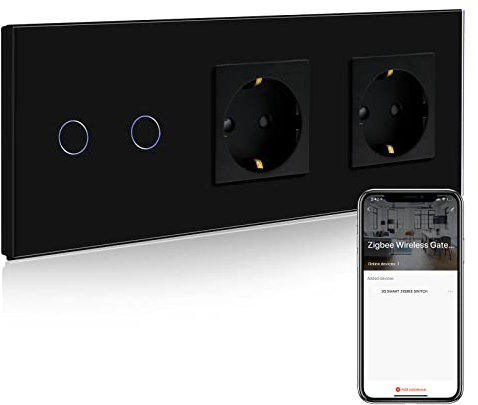 BSEED Normal enchufe doble con Smart ZigBee Interruptor de Luz,Compatible con Alexa y Google Home,Control de APP,2 Gang Interruptor de Luz con Enchufe Negro(Zigbee Gateway Hub Requerido)