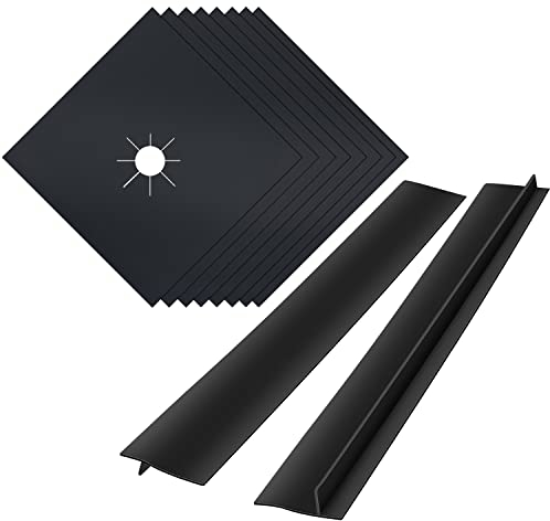 8 Pcs Gas Hob Covers for Gas Cookers, MSDADA Reusable Stove Burner Covers with 2 Pcs 30” Stove Counter Gap Cover, Non-Stick Gas Hob Range Protectors, Induction Hob Protector Mat(8 Black+2 Black)