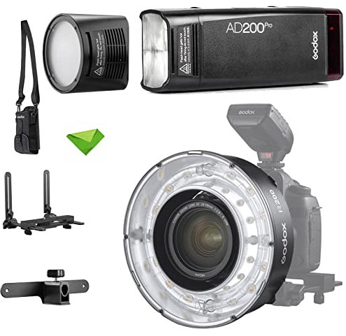 Godox AD200 Pro AD200Pro 200Ws w/Godox R200 Macro Flash H200R Head 2.4G Flash Strobe, 1/8000 HSS, 500 Full Power Flashes, 0.01-2.1s Recycling, 2900mAh Battery, Bare Bulb/Speedlite Fresnel Flash Head