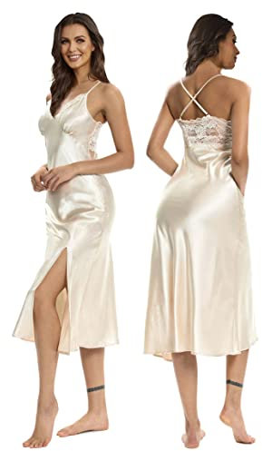 Alcea Rosea Chemise de nuit longue en satin pour femme - Nuisette sexy croisée dos nu - Col en V - Chemise de nuit, Champagneuk6, L