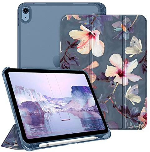 Fintie Hülle für iPad (A16) 11 Generation 11 Zoll 2025, iPad 10 Generation 10.9 Zoll 2022 mit Stifthalter - ultradünne leichte Schutzhülle mit transparenter Rückseite, Auto Schlaf/Wach, Hibiskus