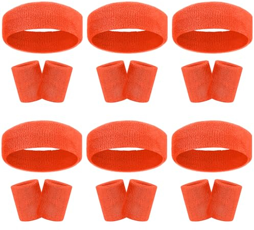 18-teiliges Schweißband-Stirnband-Armband-Set, bunt, gestreift, Frottee, Sport, Fitnessstudio, 80er Jahre, Schweiß-Stirnbänder, Handgelenkbänder (6er Pack-Orange)