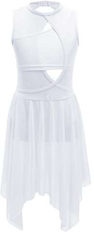 FEESHOW Kinder Mädchen Ballettanzug Ärmellos Ballett Tanz Trikot mit asymmetrische Rock Lyrische Tanzkleidung Gymnastik Modern Tanzkostüm A_Weiß 158-164/13-14 Jahre