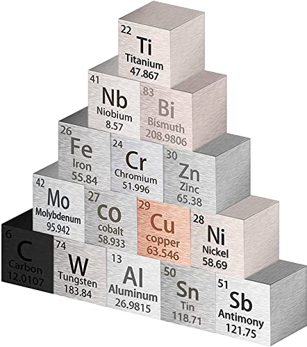 Pevfeciy 15 Stück Metall Würfel - Dichte bis zu 99,99% Reines Periodensystem - Wolfram, Titan, Wismut, Aluminium, Kupfer für Element Sammlungen und Hobbys