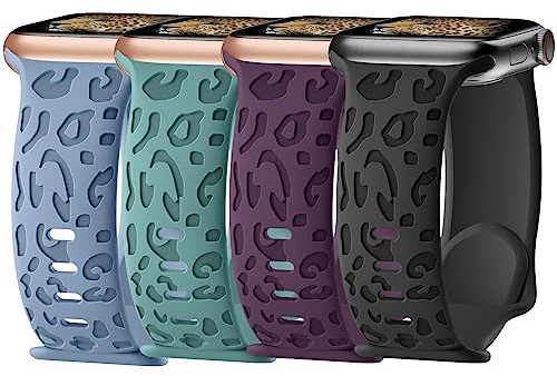 Jiamus Lot de 4 bracelets de rechange en silicone motif léopard gravé, compatibles avec Apple Watch 40 mm, 41 mm, 44 mm, 38 mm, 45 mm, 49 mm, 42 mm, pour homme et femme, bracelet de rechange en