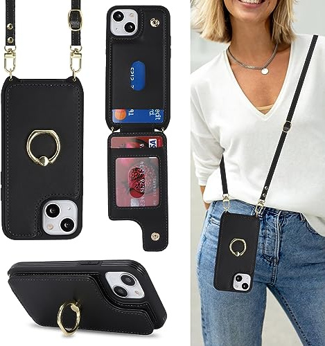 Lipvina Crossbody Wallet for iPhone 13 Mini Case with Strap-Black | Cute Crossbody Lanyard Purse,4 Card Holder,RFID Blocking,and a 360° Ring Kickstand.Lightweight PU Leather for Women