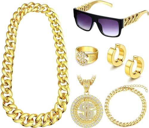 Diamday 80er 90er Jahre Hip Hop Kostüme Kit Outfits Herren Damen Falsche Goldkette Armbänder Rapper Dollar Zeichen Halskette Finger Ring DJ Punk Hippie Brille Clip on Ohrringe Fasching Cosplay Kostüm