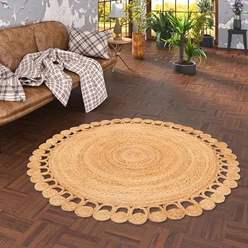Pergamon Natur Teppich Handgefertigt Jute Rund Wohnzimmer Boho mit Bordüre oder Ethno Style