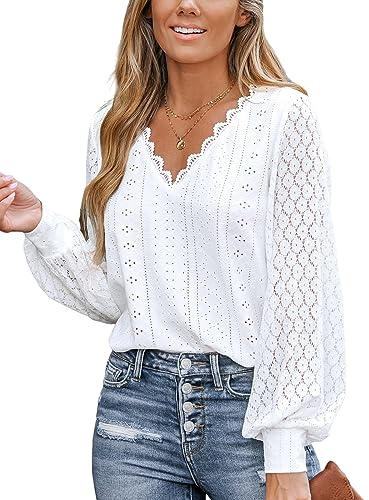 CUPSHE Women Blouse Cutout Scalloped Lace Top Long Lace Sleeves V Neck Banded Cuffs Chic Elegance Shirt White M