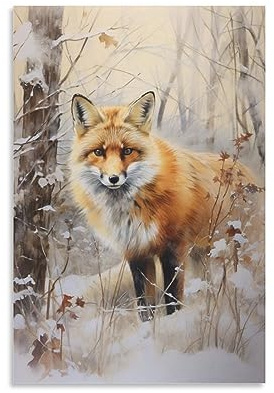 FOCCAR Wandkunstdruck, Motiv: Schnee, Tiere, Vintage-Fuchs, auf Leinwand, Poster, Wanddekoration für Schlafzimmer, Heimdekoration