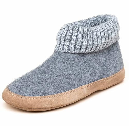 kitz-pichler Gottstein Hüttenschuh Gottstein Dakota - Hoher Filzhausschuh für Damen & Herren aus 100% Schurwolle mit extra bequemer Ledersohle & elastischem Strickbund Grey | 46