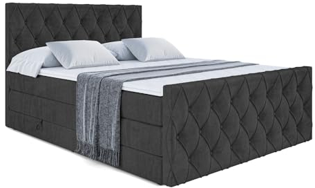 ALTDECOR Boxspringbett mit Matratze und Lattenrost, Topper, Fußteil, Polsterbett mit Bettkasten, Bett mit Stauraum H3- und H4- Matratze, Doppelbett, Springboxbett - Amay King - 200x200 - Schwarz Samt