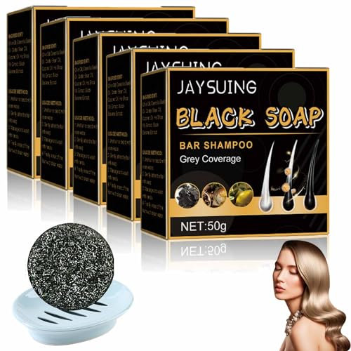 CLOUDEMO Black Soap,Gray Reverse Shampoo Bar, Black Soap Grey Coverage Bar Shampoo, Hair Darkening Shampoo Soap, Cover Bar Soap for Gray Hair for Men Women,Black Soap Grey Coverage Shampoo (5pcs)
