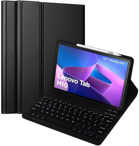Lenovo Tab M10 3rd Gen 10.1 Inch 64 GB Case With Detachable Keyboard - Slim Smart Case for Tablet M10 (2022) - UK Layout - Black