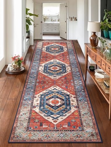 SERISSA Runner Rug for Hallways, 2'6x10' Washable Non Slip Kitchen Runner Rug, Long Boho Rug Vintage Rust Hallway Stair Ultra Soft Print Floor Carpet for Bedroom Bathroom Laundry Room