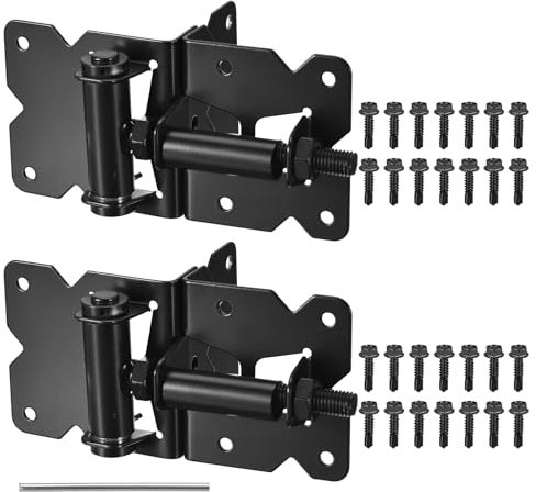 sourcing map 2pcs Self Closing Gate Hinges, Wooden Gate Hinges for Wooden or Vinyl Fence Gate, with Self-Tapping Screws and Adjuster Tool, Black