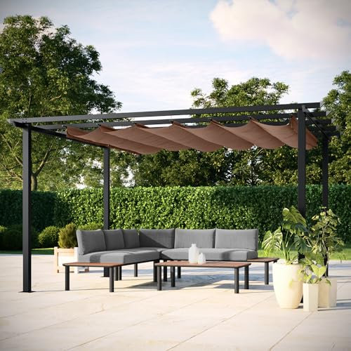 Avril Paris Tonnelle Pergola Aluminium 4x3 m Anthracite - Toile en Polyester Coulissante Rétractable Taupe - Pergola Jardin Exterieur - Résistante aux UV – Havana