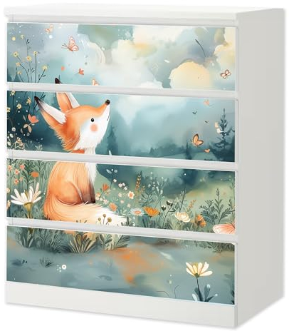 Sunnywall® Möbelfolie passend für IKEA Malm Kommode Schrankfolie Aufkleber mit Fuchs auf Wiese Motiv | blasenfrei verkleben | Kinderzimmer 4er 80 cm