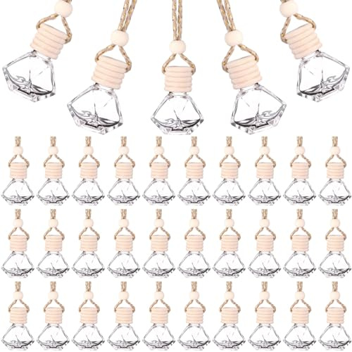 30Pcs 8ml die Raute Hängende Auto Lufterfrischer Diffusor Leeres Klarglas Ätherisches Diffusor Öl Aromatherapie Duft Parfüm Anhänger Glas Fläschchen mit Kappen Hängende Schnur