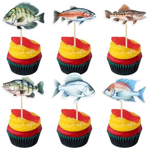 Ephlyn 36Pcs Fishing Cupcake Toppers Fishing Cupcake Toppers Fish Cupcake Topper Fishing Birthday Party Decorations for Boys Girls Happy Birthday Fishing Baby Shower Decorations