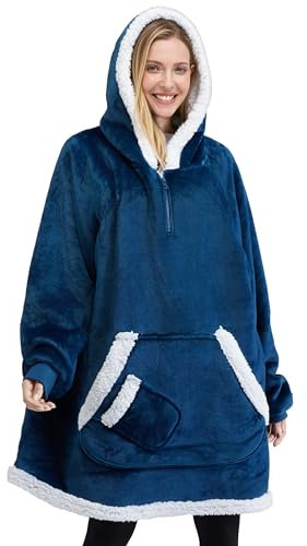 Giggling Getup tragbare Decken Hoodie für Damen Herren, Übergröße Flanell Sherpa Fleece Kapuzen Decke, Weiche, warme Decken Sweatshirt mit riesiger Tasche und Ärmeln für Erwachsene Marineblau
