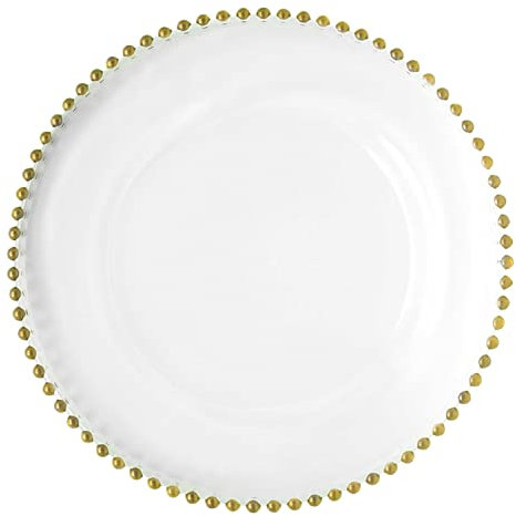 WedDecor 33cm Clear Charger Plates with Gold Beaded Rim, Acrylic Round Dinnerware for Centerpiece Presentation, 1pc Dinner Plate for Weddings, Events, Banquets & Christmas Table Decorations