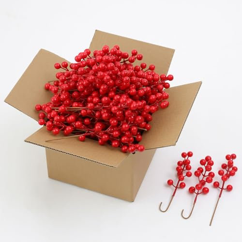 mizii Decorazioni per albero di Natale, 50 steli di bacche rosse artificiali, 20,3 cm, bacche di agrifoglio, rami per decorazioni natalizie, inverno, vacanze, casa, ornamenti fai da te (rosso)