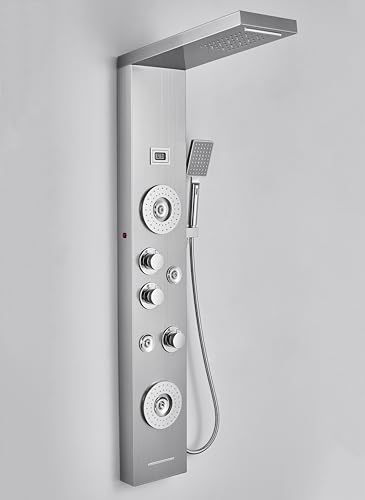 ROVOGO 7-Funktion Duschpaneel mit Armatur - LED Licht, Temperaturanzeige, Wasserfall und Regendusche Duschkopf, Massagedusche, Handbrause, Wanneneinlauf, Wandmontage Edelstahl Duschsäule, Gebürstet