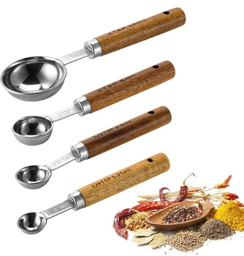 Hwtcjx 4 pcs Cucchiai Dosatori, Misurini Cucina in Acciaio Inox, Misurini Cucina Set, Cucchiai Graduati Measuring Spoons Cucchiaio Dosatore con Manico in Legno per Dolci Ingredienti Cottura (Argento)