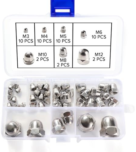 Lyeteung 46 Piezas M3/M4/M5/M6/M8/M10/M12 Tuercas de Acero Inoxidable de Domo, Tuerca Sombrerete, Tuercas Sombrerete Hexagonales Kit, para Tornillos, Pernos