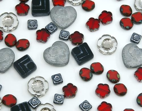 65+ pcs (60g) Focal Glass Bead Mix with Table-Cut Hawaii Flowers and Heart with Rose Beads, Gray Silver PG Red