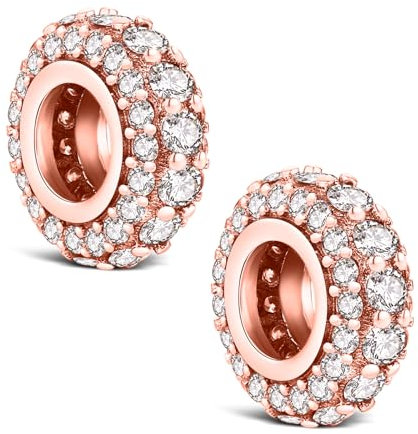 KEQ Pack of 2 Clip Charms for Bracelets, 925 Sterling Silver with Cubic Zirconia,Blue Pave Family Always, Birthday, Women (Rose Golden, 2)