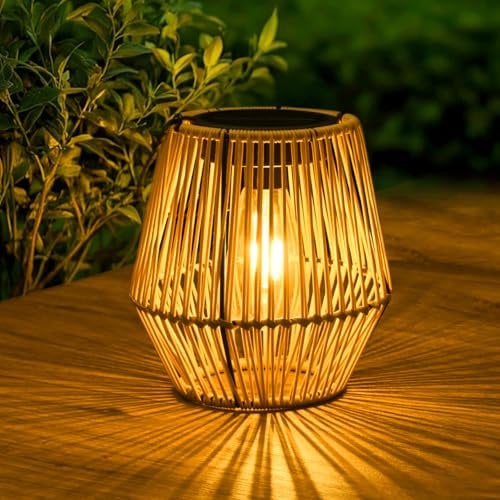 ZWOOS Solarlaterne für Außen Garten, Helle Solar Rattan Latern im Boho-Stil, Hängend/ Stehend, Solarlampen für Balkon, Terrasse, Garten Deko (B)