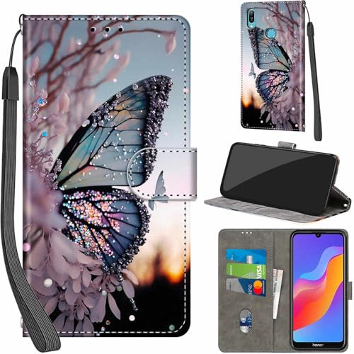 Cover per Huawei Honor 8A 2019/2020 / Huawei Y6 Prime 2019 Case PU Pelle Custodia [Kickstand] [Chiusura magnetica] [Slot per Schede], Portafoglio Flip Custodia per Honor 8A,Farfalla