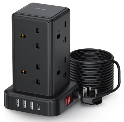 Tower Extension lead 5M, 13A Surge Protection Extension lead with Switch, 8 AC Outlets & 4 USB Ports Plug Extension Socket, Extension Cable 5M Mini Power Strip for Office, Home, Kitchen