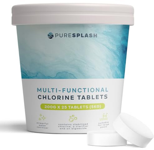 𝐏𝐔𝐑𝐄 𝐒𝐏𝐋𝐀𝐒𝐇! 200g Chlorine Tablets – 25 Pack for Hot Tubs & Pools | 4-in-1 Pool Treatment – Sanitiser, Algaecide, Clarifier & Stabiliser for Long-Lasting Clean Water