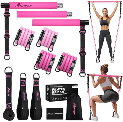 HPYGN Pilates Bar Set mit 4 Widerstandsbänder, Verstellbare Pilates Equipment für Frauen & Mann, Multifunktionale Pilates Kit Fitnessbänder für Hüft, Beine, Arm, Home Gym Yoga, Stretch, Krafttraining
