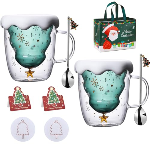 Arawat 2Set Weihnachtstasse Doppelwandige Gläser Weihnachten Tasse Personalisierte Aesthetic Weihnachten Becher Lustige Weihnachtsgeschenke für Frauen Mädchen Männer Teegläser Trinkgläser Freundin