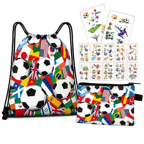 RUHSNJK 12 Pcs Football 2026 Accessories, Drawstring Bag, Coin Bags, 10 Different Types Of Stickers, Sports Events Remembrance Flags Backpack, Gifts For World Footballmatch Fans