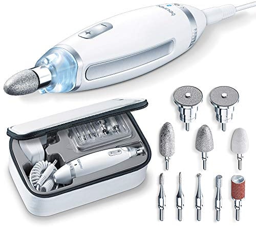 Beurer MP 62 Maniküre-/ Pediküre-Set, elektrische Nagelfeile mit 10 hochwertigen Nagelpflege-Aufsätzen, LED Licht, Nagelfräser mit stufenloser Geschwindigkeitsregelung, mit Aufbewahrungstasche, Weiß