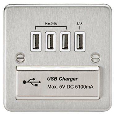 Knightsbridge FPQUADBCW FPQUAD FPAVQUADBCW Flat Plate 1G Quad USB Charger Outlet 5V Dc 5.1A-Brushed Chrome White Insert
